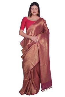 Handcrafted Maroon Golden shade Linen Zari saree