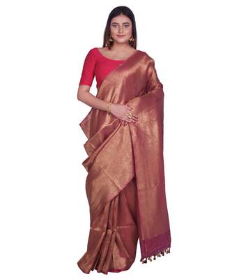 Handcrafted Maroon Golden shade Linen Zari saree 1