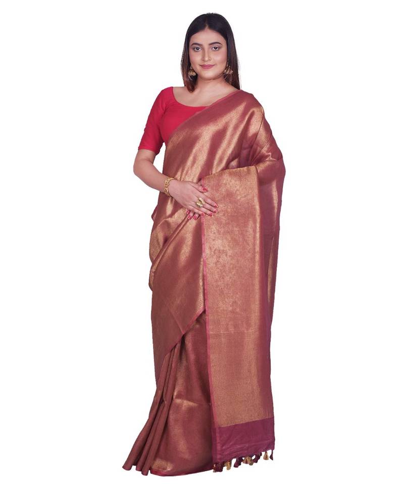 Handcrafted Maroon Golden shade Linen Zari saree
