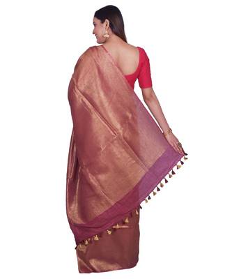 Handcrafted Maroon Golden shade Linen Zari saree 3