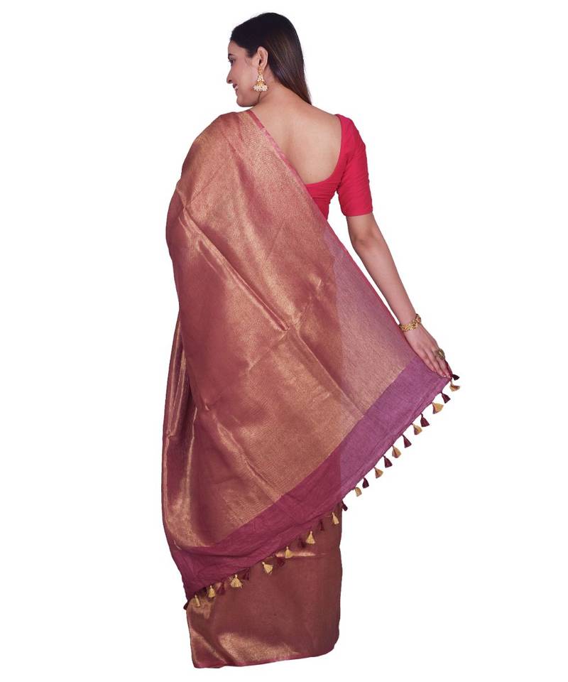 Handcrafted Maroon Golden shade Linen Zari saree