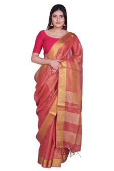 Handcrafted Carrot Golden shade Tissue Linen saree