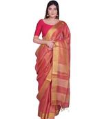 Handcrafted Carrot Golden shade Tissue Linen saree