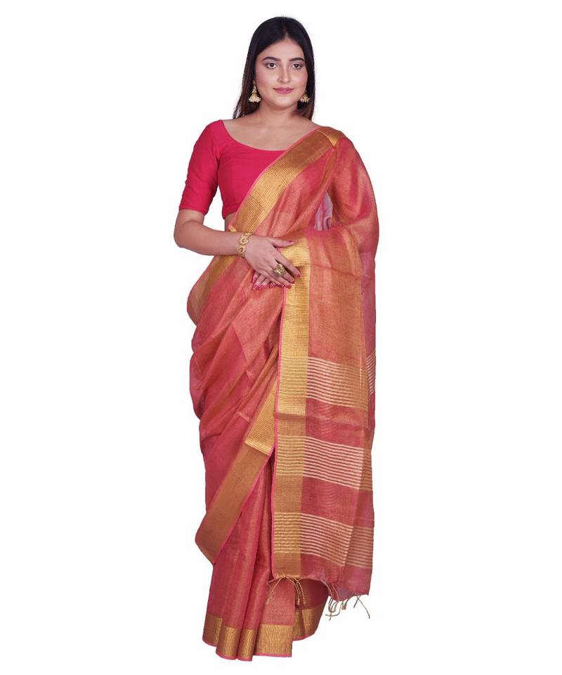 Handcrafted Carrot Golden shade Tissue Linen saree