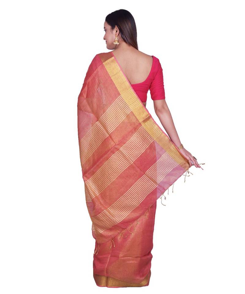 Handcrafted Carrot Golden shade Tissue Linen saree