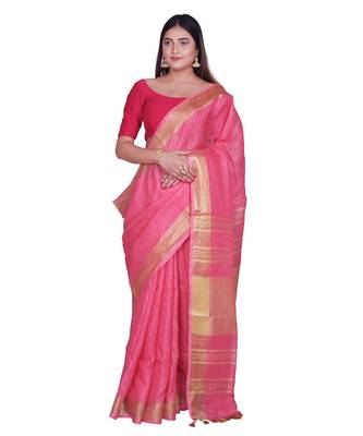 Handcrafted Pink shade Linen saree with Golden Zari Border 1