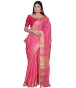 Handcrafted Pink shade Linen saree with Golden Zari Border