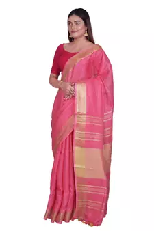 Handcrafted Pink shade Linen saree with Golden Zari Border