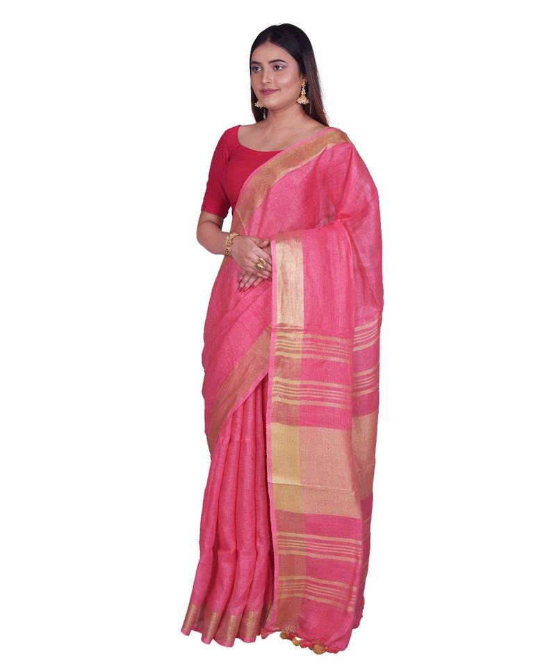 Handcrafted Pink shade Linen saree with Golden Zari Border