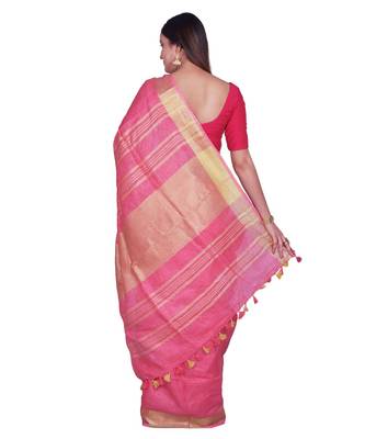 Handcrafted Pink shade Linen saree with Golden Zari Border 3