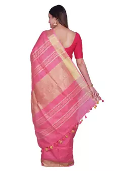 Handcrafted Pink shade Linen saree with Golden Zari Border