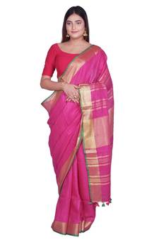 Handcrafted Pink shade Linen saree with Golden Zari Border