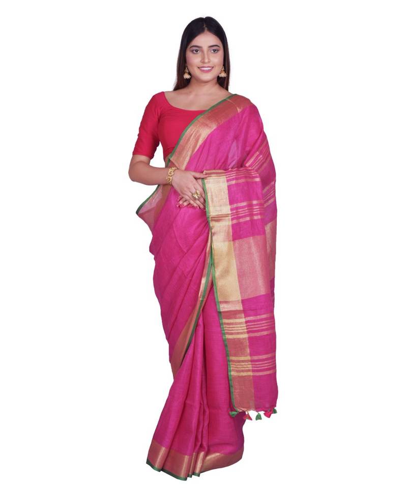 Handcrafted Pink shade Linen saree with Golden Zari Border