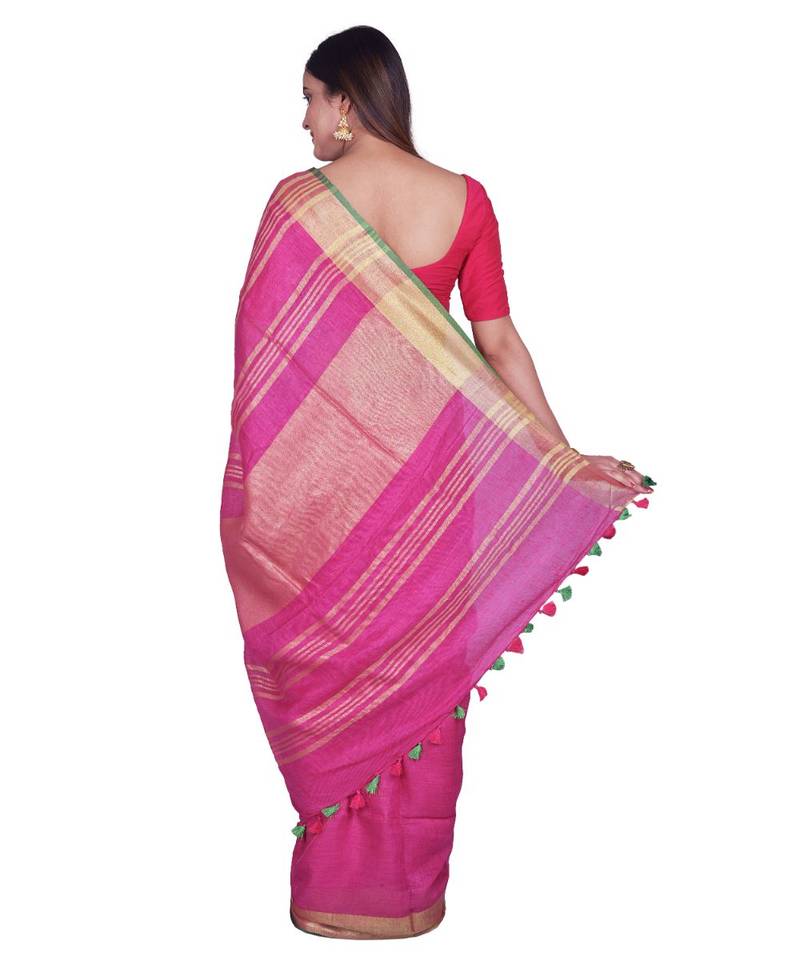 Handcrafted Pink shade Linen saree with Golden Zari Border
