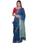 Handcrafted Blue shade Linen saree with Checkered Zari Pattern