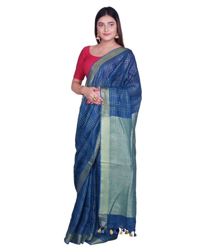 Handcrafted Blue shade Linen saree with Checkered Zari Pattern