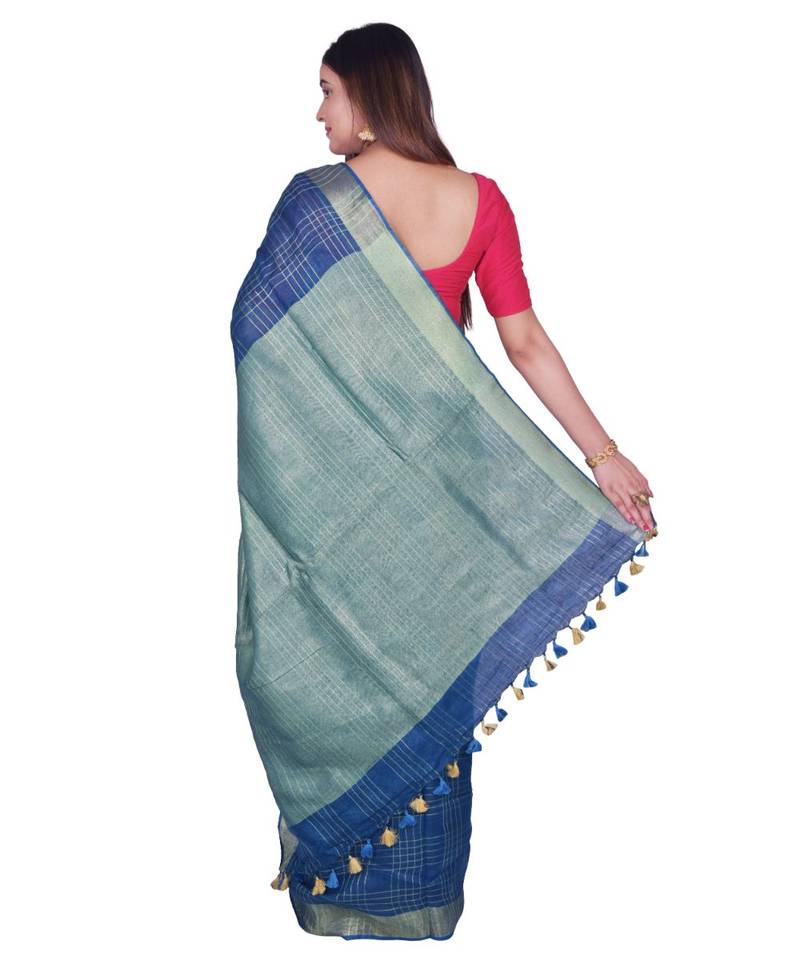 Handcrafted Blue shade Linen saree with Checkered Zari Pattern