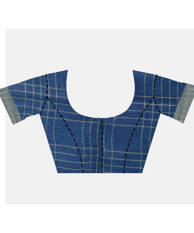 Handcrafted Blue shade Linen saree with Checkered Zari Pattern