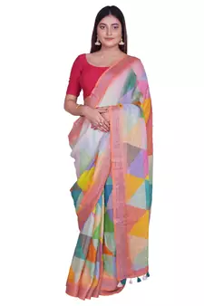 Handcrafted Multicolor Digital print Linen Saree