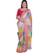 Handcrafted Multicolor Digital print Linen Saree