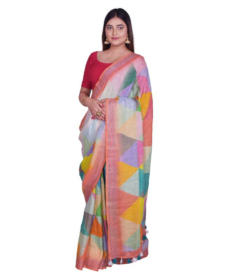 Handcrafted Multicolor Digital print Linen Saree