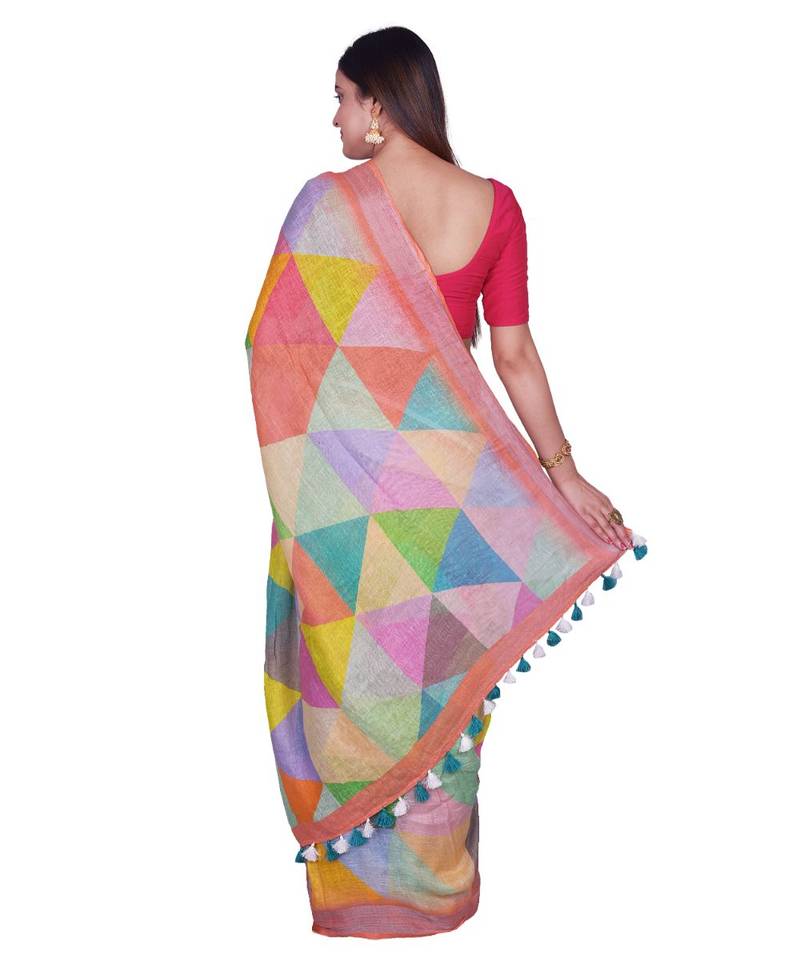 Handcrafted Multicolor Digital print Linen Saree