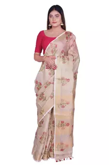 Handcrafted Cream Shade Digital print Tissue Linen Saree