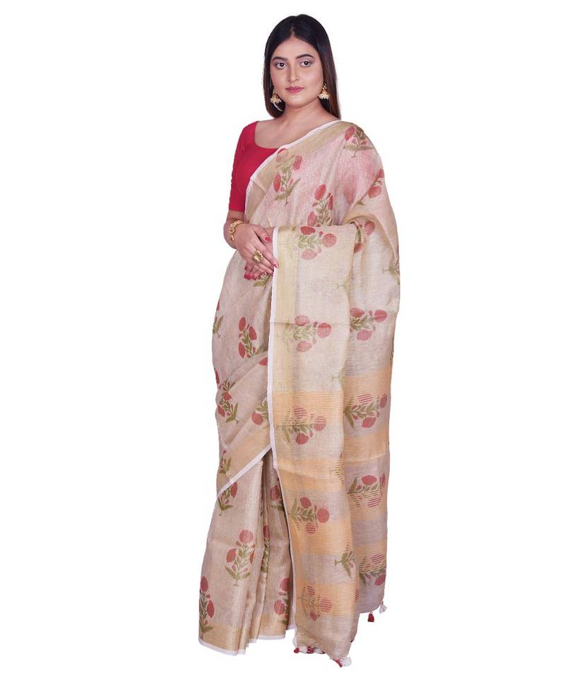 Handcrafted Cream Shade Digital print Tissue Linen Saree