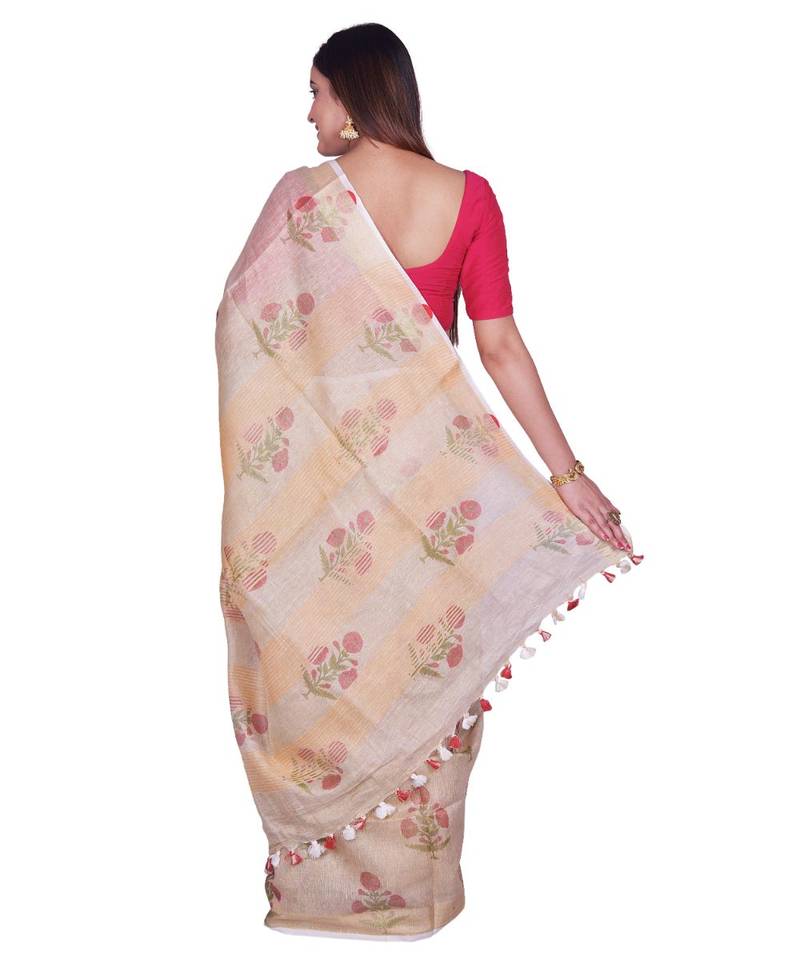 Handcrafted Cream Shade Digital print Tissue Linen Saree