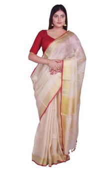 Handcrafted Cream Linen Saree with Golden Zari Border