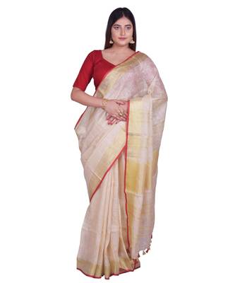 Handcrafted Cream Linen Saree with Golden Zari Border 1