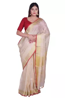 Handcrafted Cream Linen Saree with Golden Zari Border