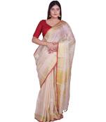 Handcrafted Cream Linen Saree with Golden Zari Border
