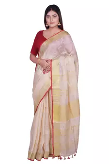 Handcrafted Cream Linen Saree with Golden Zari Border