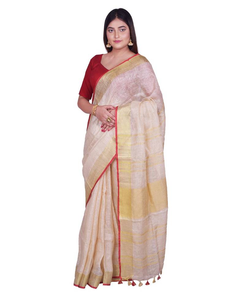 Handcrafted Cream Linen Saree with Golden Zari Border