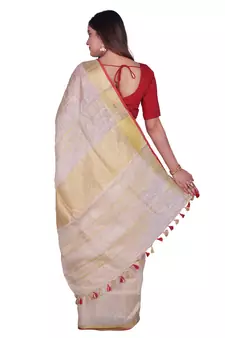 Handcrafted Cream Linen Saree with Golden Zari Border