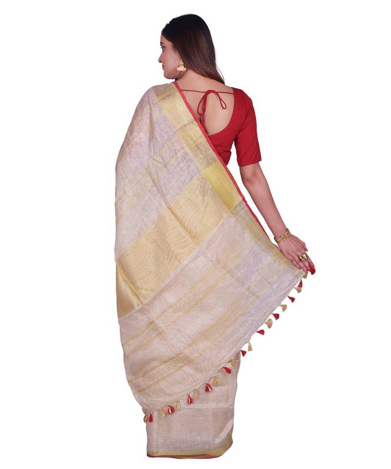 Handcrafted Cream Linen Saree with Golden Zari Border
