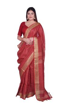 Handcrafted Red shade Linen saree with Checkered Zari Pattern