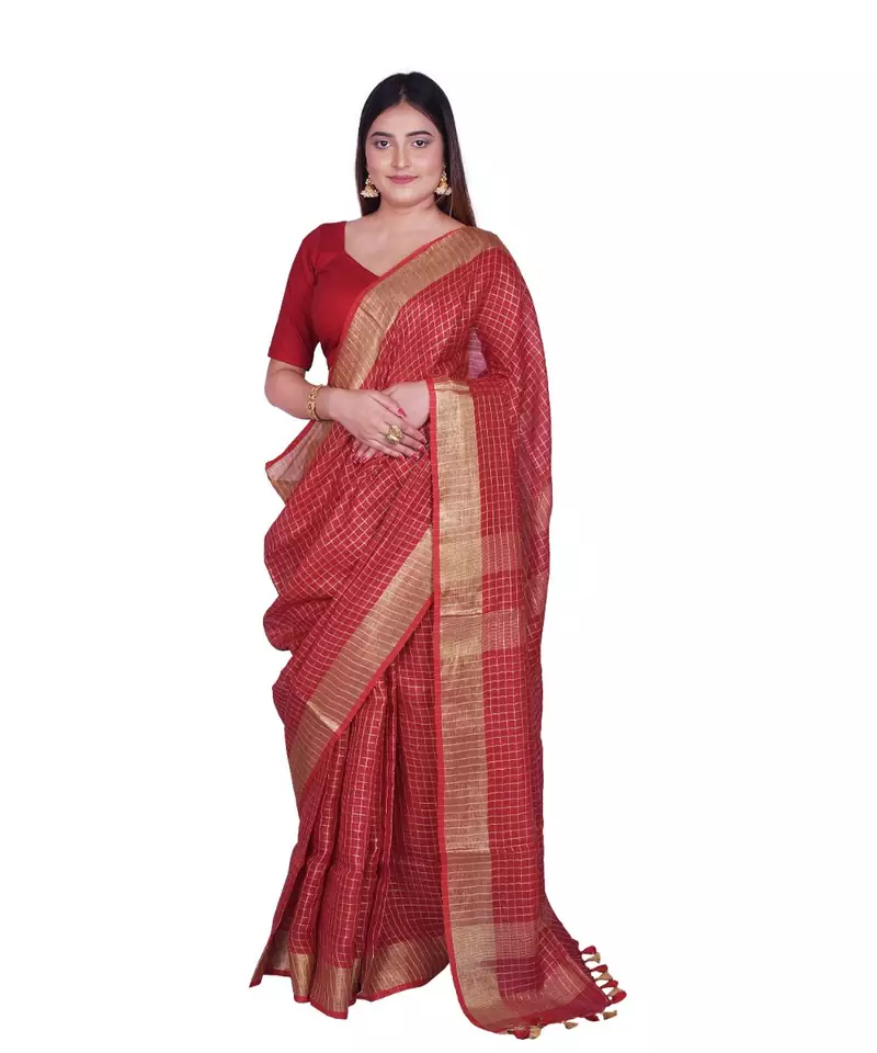 Handcrafted Red shade Linen saree with Checkered Zari Pattern