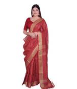 Handcrafted Red shade Linen saree with Checkered Zari Pattern
