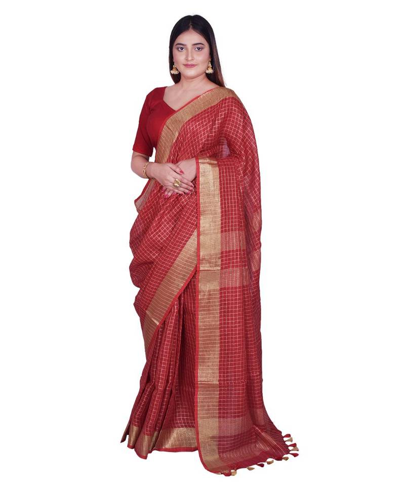 Handcrafted Red shade Linen saree with Checkered Zari Pattern