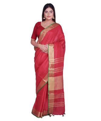 Handcrafted Red shade Linen saree with Golden Zari Border 1