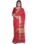 Handcrafted Red shade Linen saree with Golden Zari Border