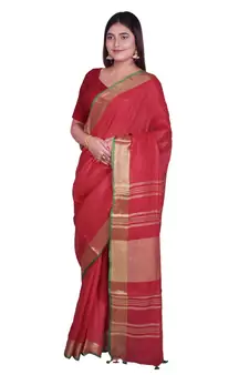 Handcrafted Red shade Linen saree with Golden Zari Border