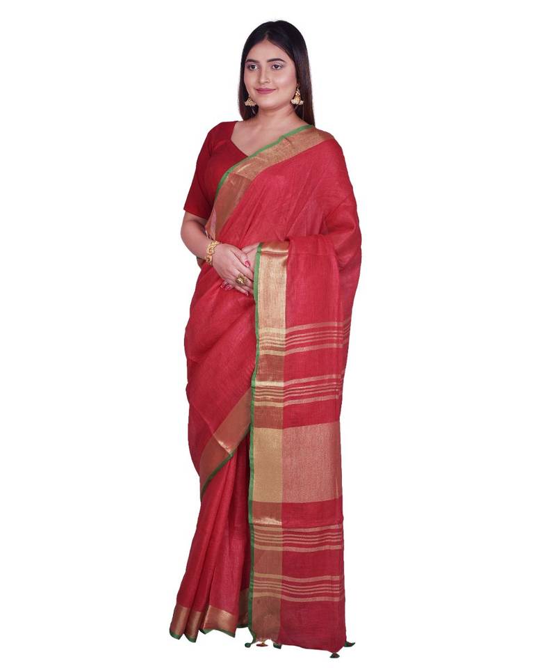 Handcrafted Red shade Linen saree with Golden Zari Border
