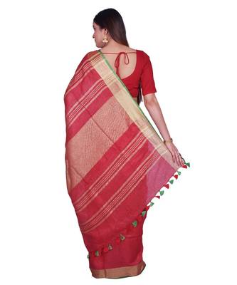 Handcrafted Red shade Linen saree with Golden Zari Border 3