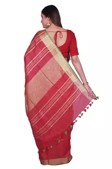 Handcrafted Red shade Linen saree with Golden Zari Border