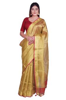 Handcrafted Golden Tissue Linen saree