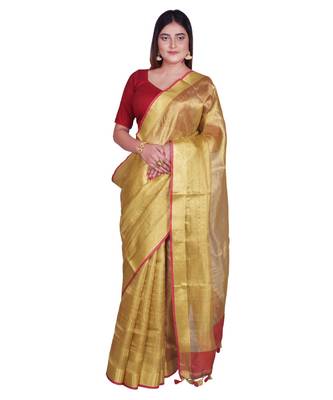 Handcrafted Golden Tissue Linen saree 1