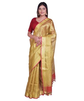 Handcrafted Golden Tissue Linen saree 2